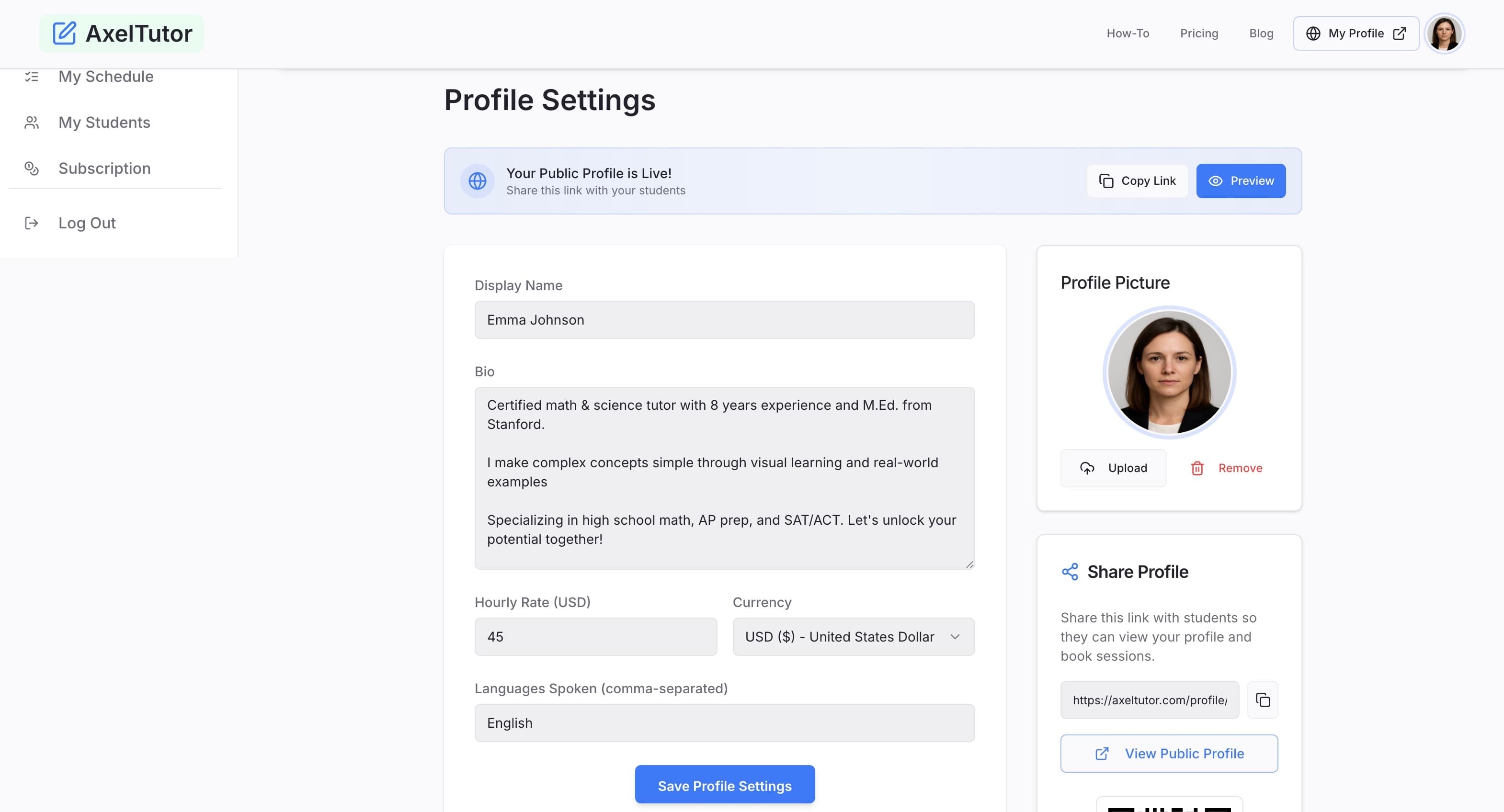 Completed profile view