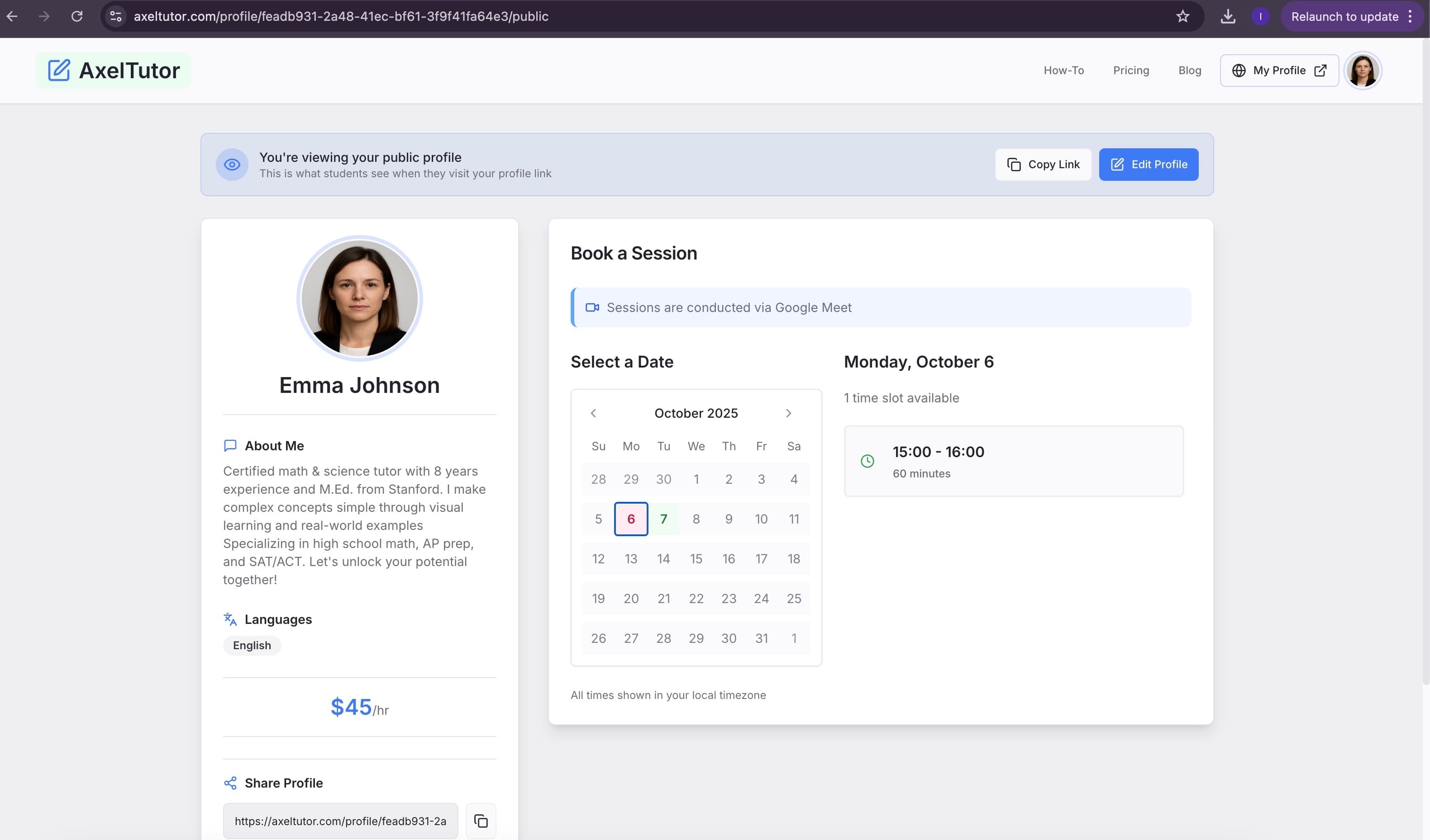 Public tutor profile page